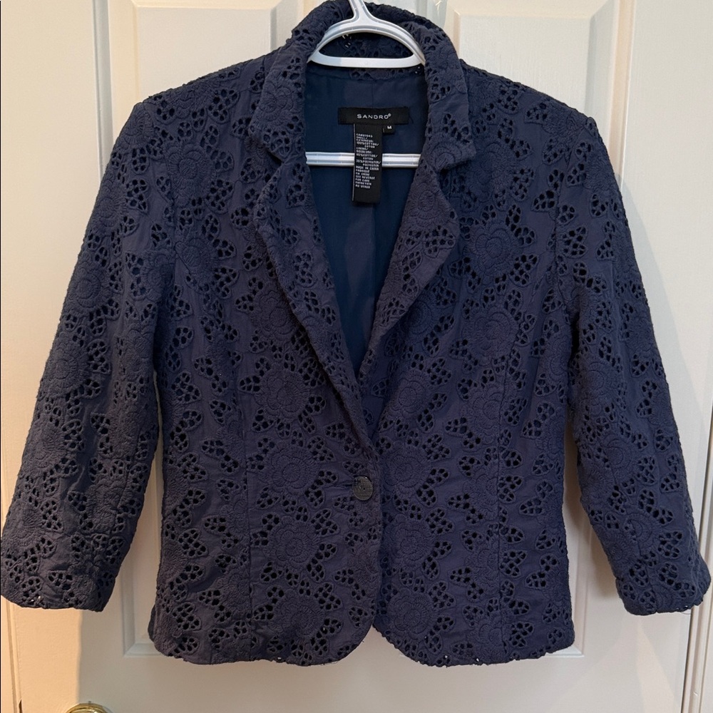 Sandro sz M 100% Cotton Women's Dark Blue Floral Lace Eyelet single but. Blazer